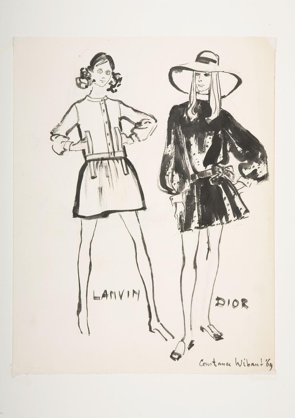 Modetekening van deux-pièces Lanvin en jurk Dior