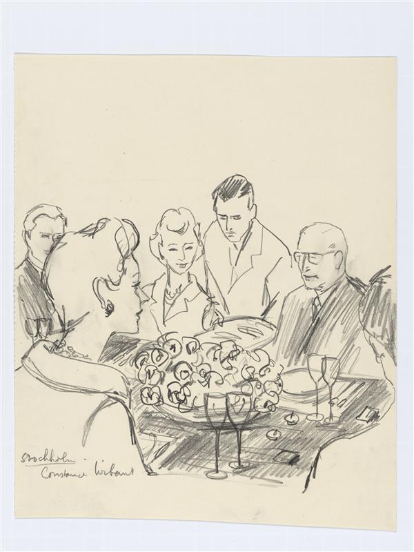 Illustratie van vijf mensen, zittende aan tafel