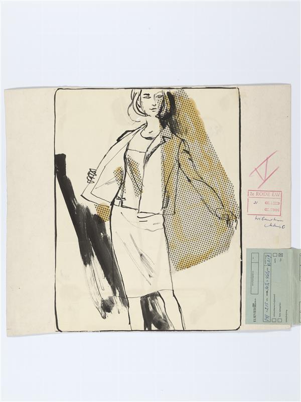 Modetekening van jasje, blouse en rok Holthaus