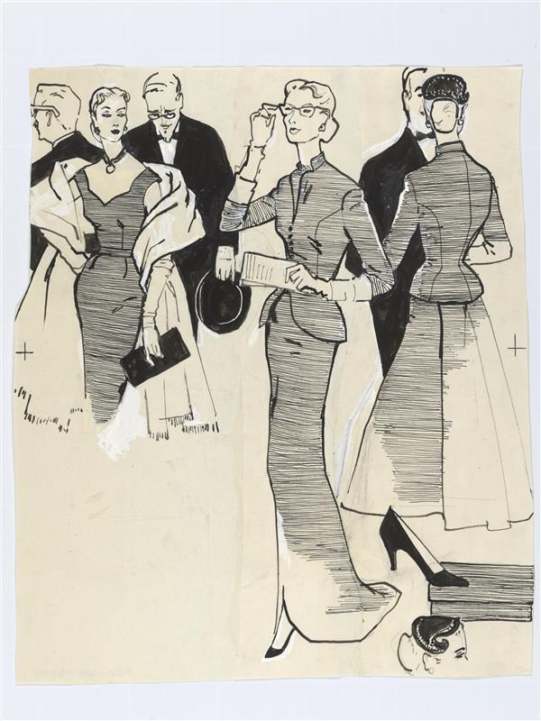 Illustratie van drie mannen, drie vrouwen, schoen en een vrouwenhoofd