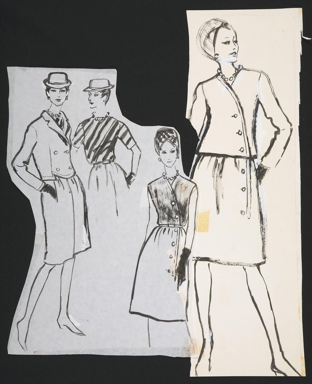Modetekening van twee trois-pièces Dior