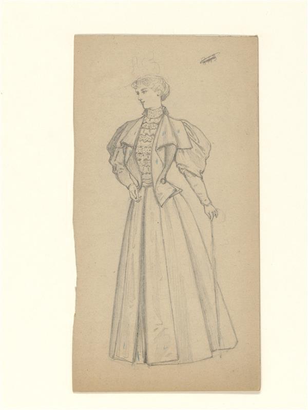 Modetekening van vrouwfiguur in jasje met pofmouwen, wijde rok en blouse afgezet met kant. In…