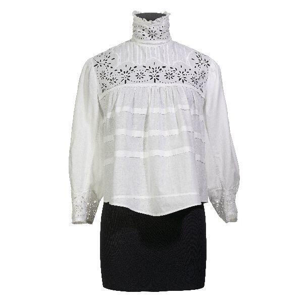 Blouse met guimpe, wit katoen met witte broderie anglaise en oprijgjes