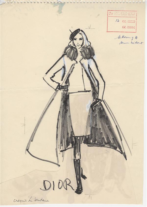 Modetekening van trois-pièces Dior, bestaande uit trui of blouse, rok en mantel