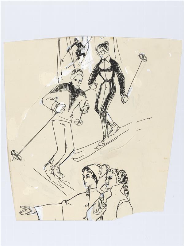 Illustratie van drie skiërs in actie en twee vrouwen