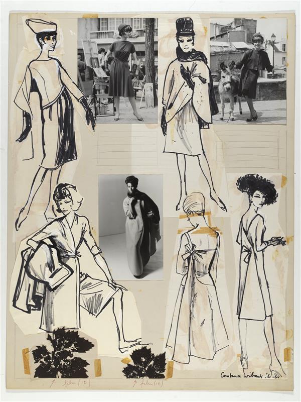 Collage van modetekeningen van jurk Cardin, jurk Grès, trois-pièces Grès, cocktailjurk Griffe,…