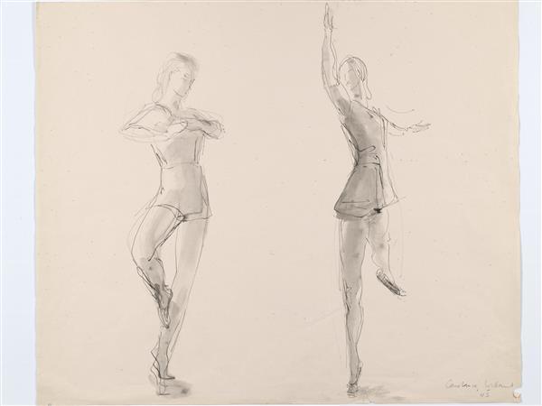 Modetekening van twee vrouwen in balletkostuum met rokje