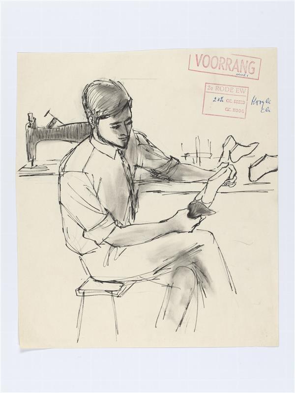 Illustratie van schoenmaker met schoenvorm in de hand