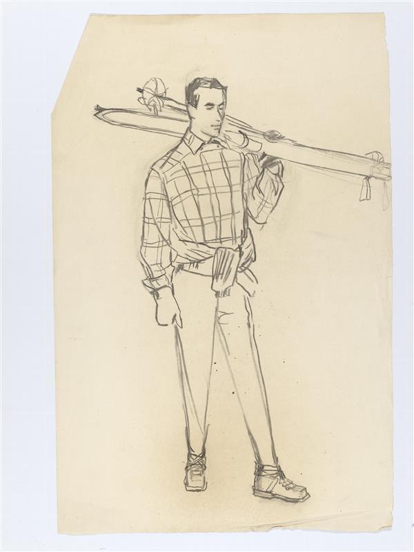 Illustratie van man met ski's over schouder