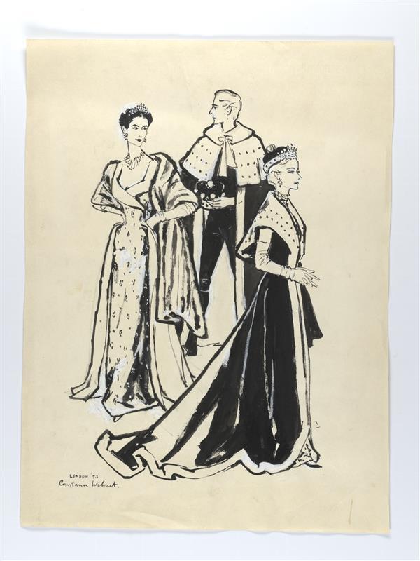 Illustratie van drie vrouwen in jurken van o.a. Worth en Hartnell
