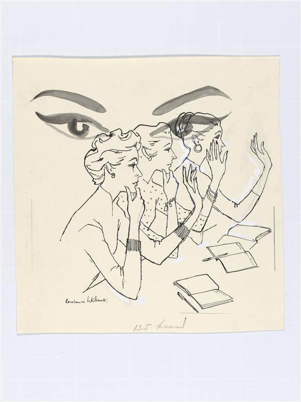 Illustratie van drie zittende vrouwfiguren aan tafel met boeken