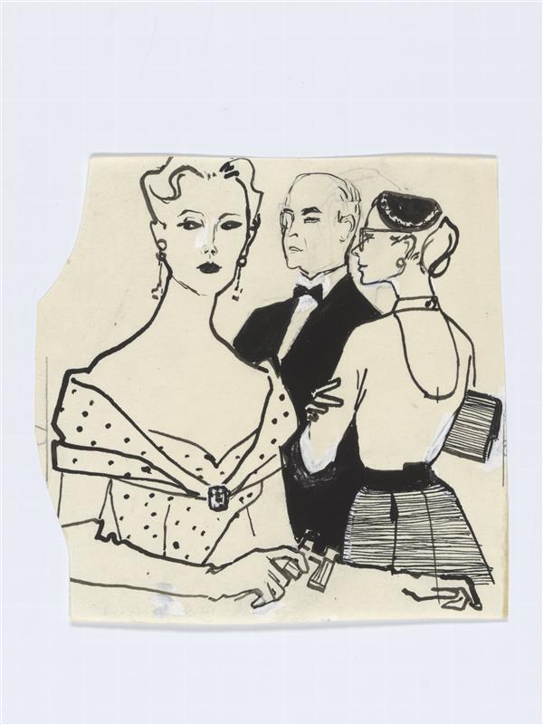 Illustratie van vrouw in avondkleding, man in smoking en vrouw in blouse en rok