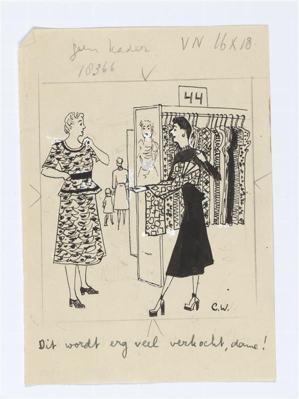 Illustratie van gezette vrouw en verkoopster met jurk over arm
