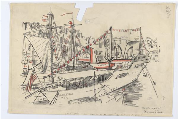 Illustratie van jacht (Christina Y.M.C.), op achtergrond een stadje
