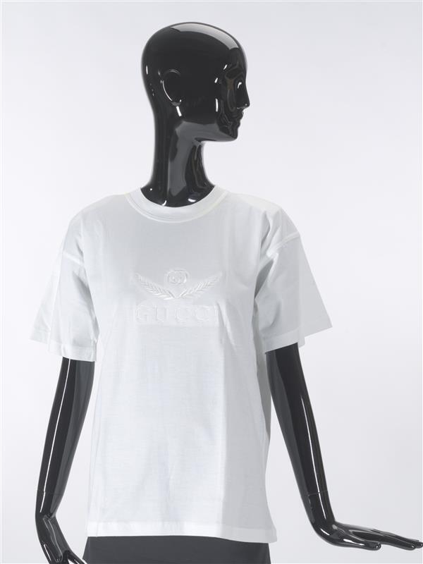 T-shirt, wit met witte merknaam en embleem ingeweven
