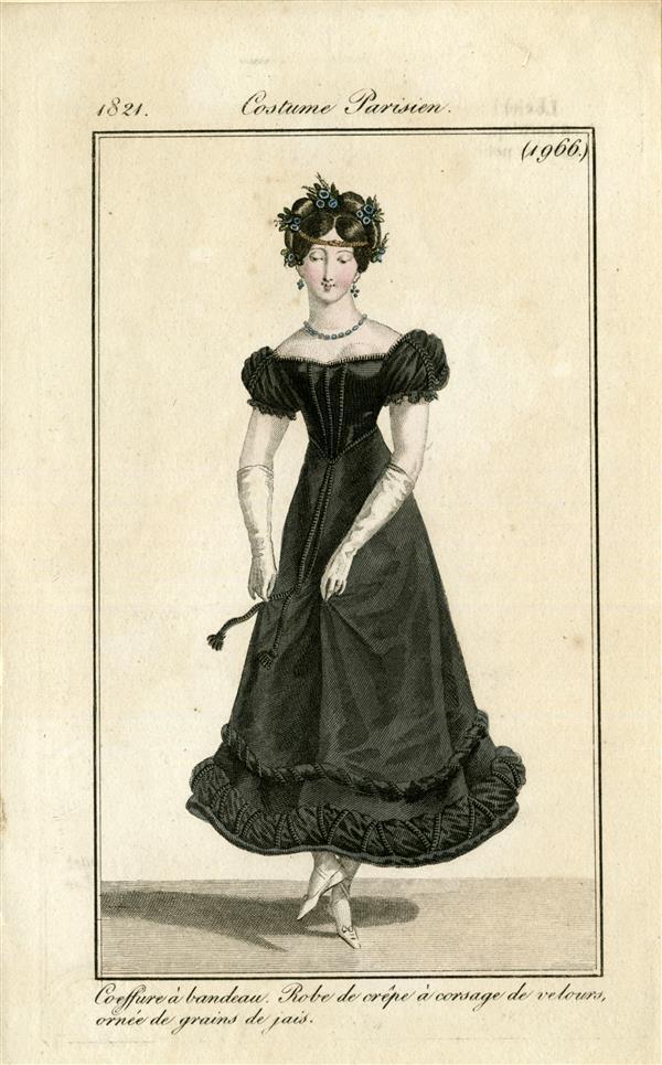 Costume Parisien 'Coeffure à bandeau. Robe de crêpe à corsage de velours, ornée de grains de jais'.