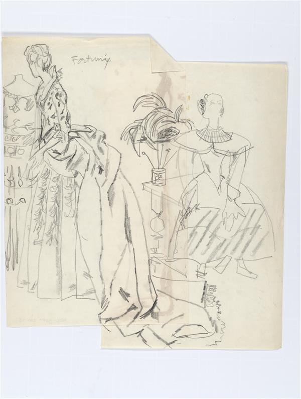 Illustratie van drie kostuums op tentoonstelling in Prinsenhof