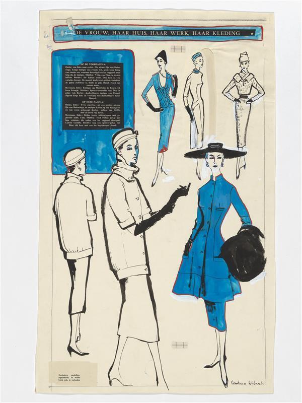Modetekening van deux-pièces Balenciaga, Griffe en Dior, middagjurk Fath en jurk Lanvin-Castillo