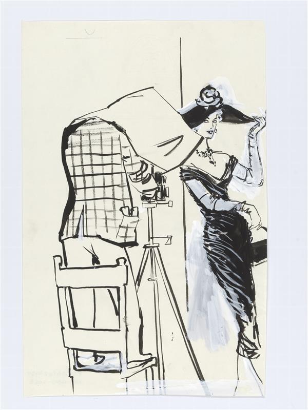 Illustratie van vrouw in gedrapeerde jurk, poserend voor fotograaf