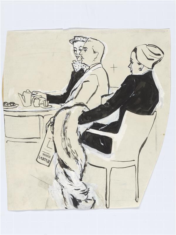Illustratie van man en vrouw zittend achter tafel met theestel en vrouw met 'Elsevier'