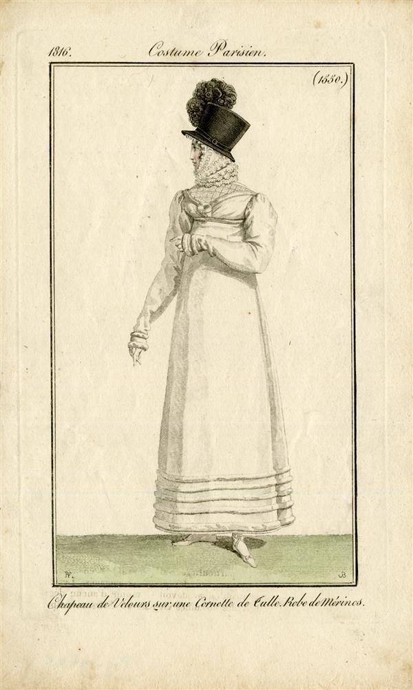 Costume Parisien 'Chapeau de velours sur une cornette de Culle. Robe de Mérinos'