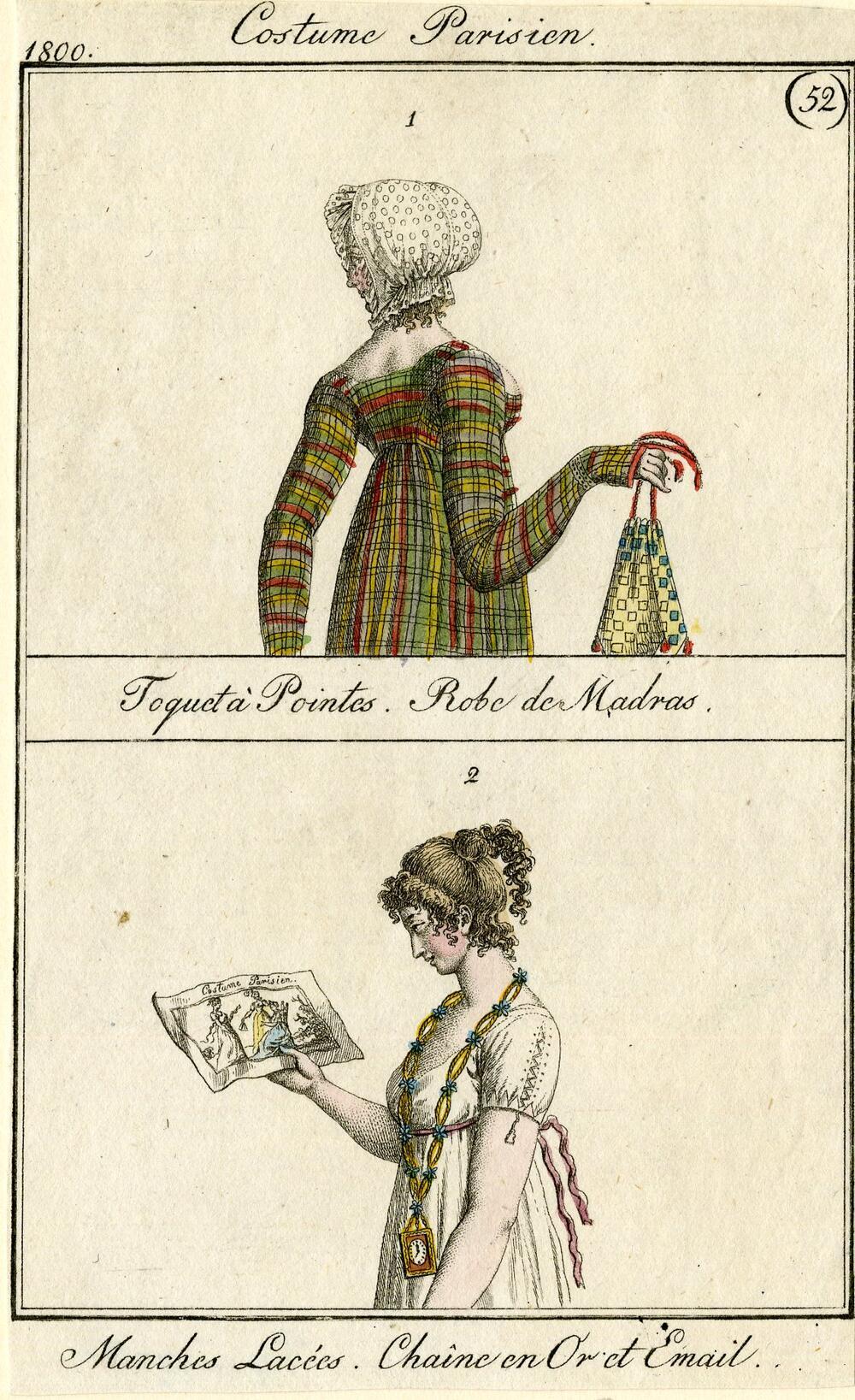 Costume Parisien 'Toquet à Pointes. Robe de Madras' 'Manches Lacées. Chaîne en Or et Email'