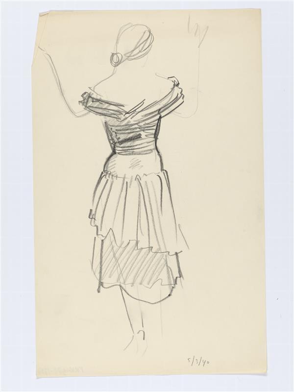 Modeltekening van vrouwfiguur in getailleerde jurk