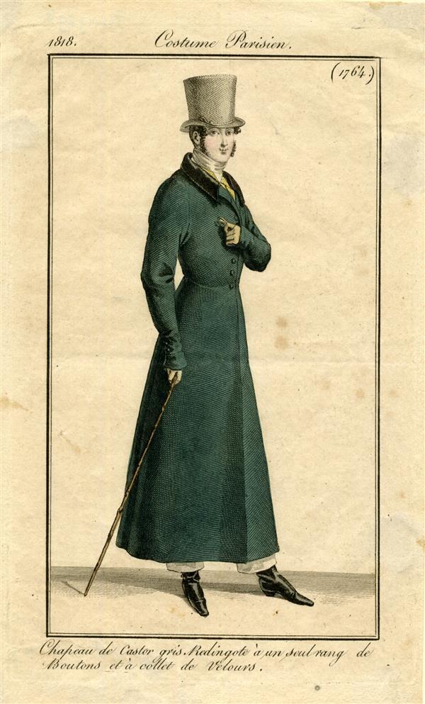 Costume Parisien, 'chapeau de castor gris. Redingote à un seul rang de boutons et à collet de…