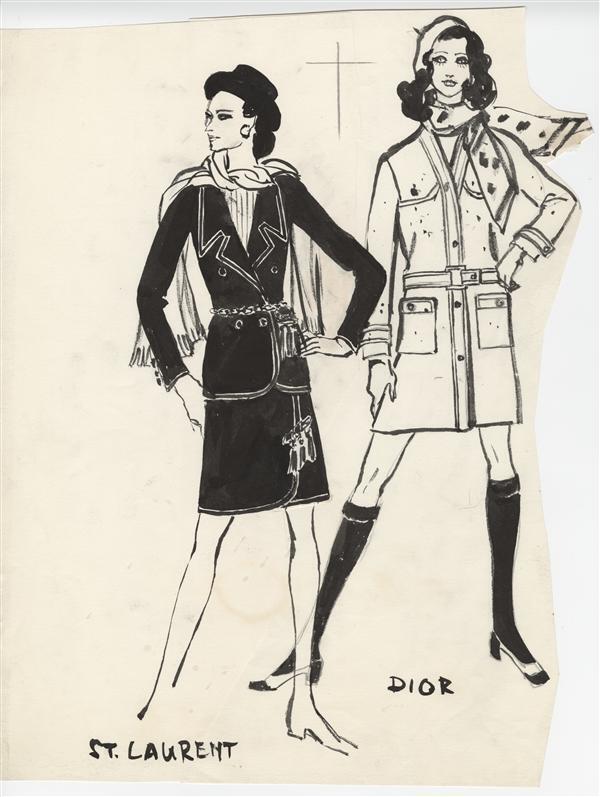 Modetekening met ontwerpen van Yves Saint Laurent en Dior