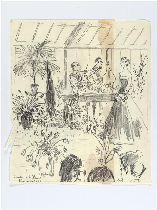 Illustratie van podium met drie musici en zangeres
