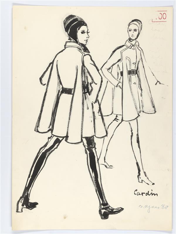 Modetekening van capemantel Cardin