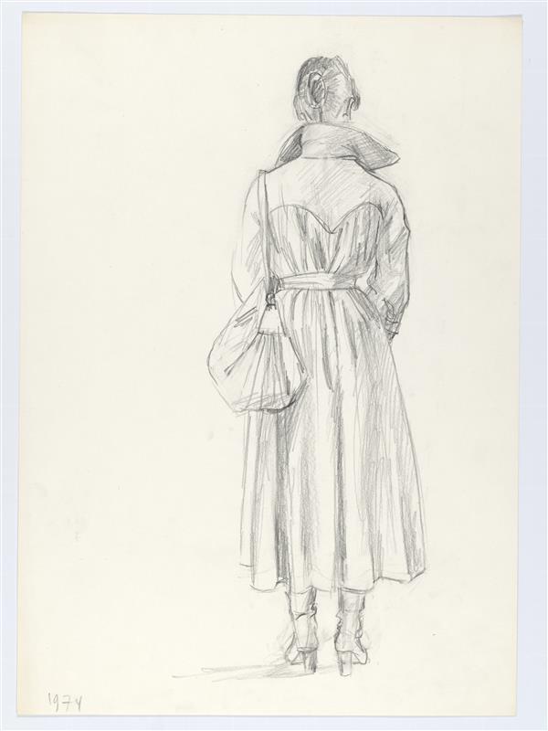 Modeltekening van vrouw in regenjas, op de rug gezien
