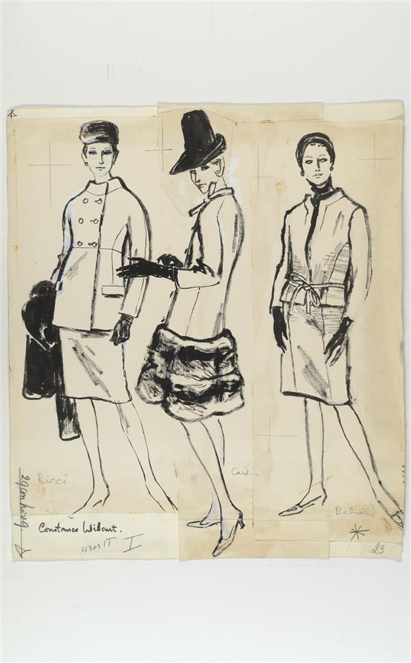 Modetekening van ensemble Ricci, mantel Cardin en ensemble Balmain