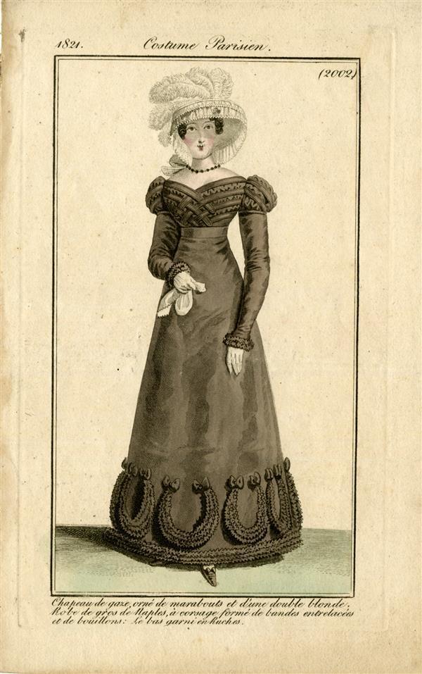 Costume Parisien 'Chapeau de gaze, orné de marabouts et d'une double blonde. Robe de gros de Naples…