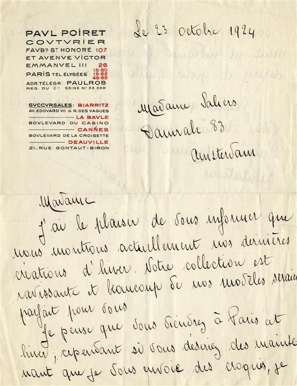Brief van atelier Paul Poiret aan Mevrouw Sahers