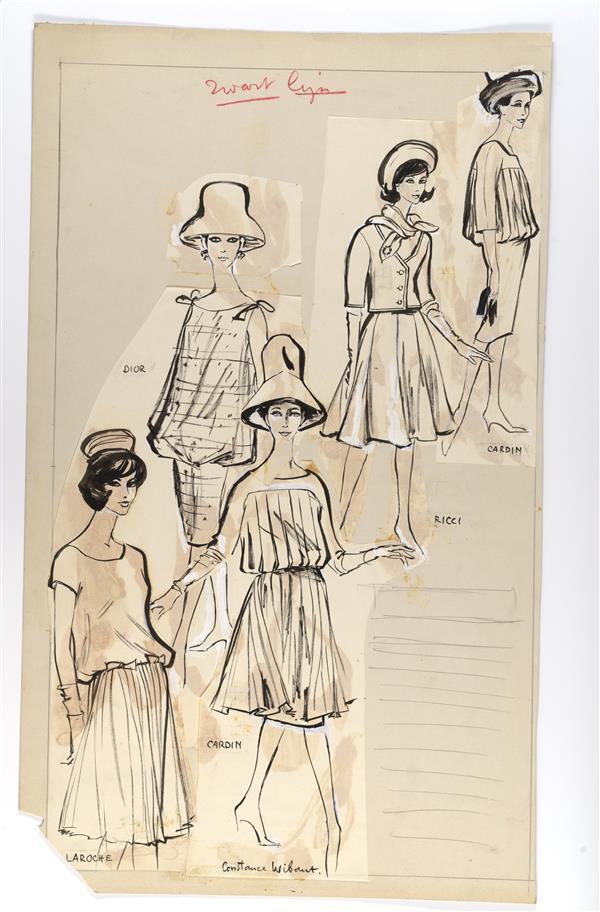 Modetekening van jurk Cardin, deux-pièces Ricci, ensemble Cardin, jurk Dior en jurk Laroche