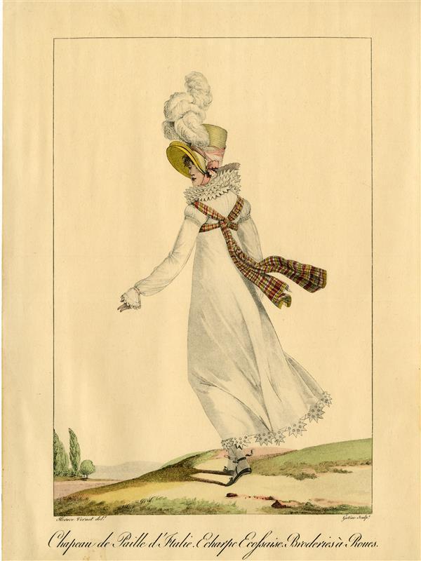 Chapeau de Paille d'Italie. Echarpe Ecossaise. Broderies à Roues.