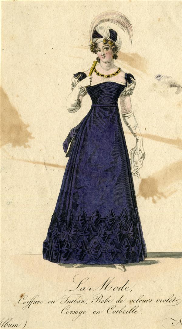 La Mode, Coiffure en Turban, Robe de velours violet, Corsage en Corbeille