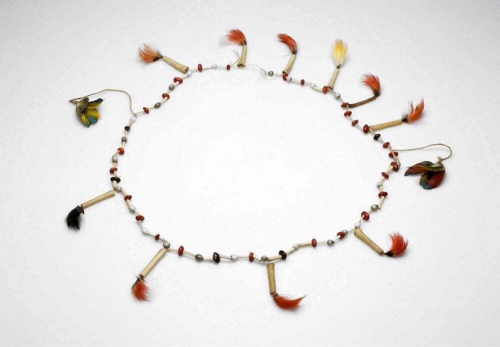 Necklace of seeds, bones and feathers