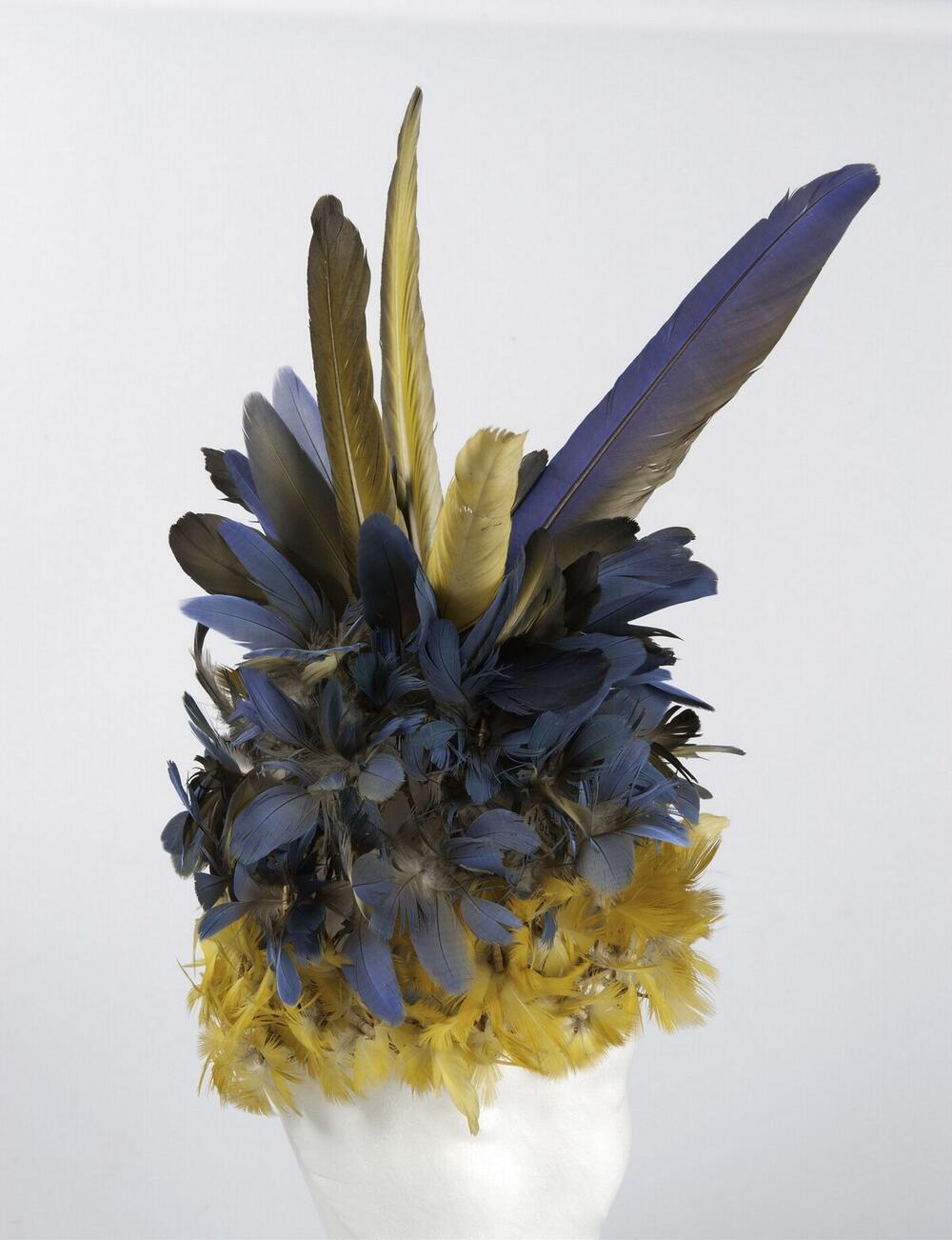 Hoofdtooi van gele en blauwe veren