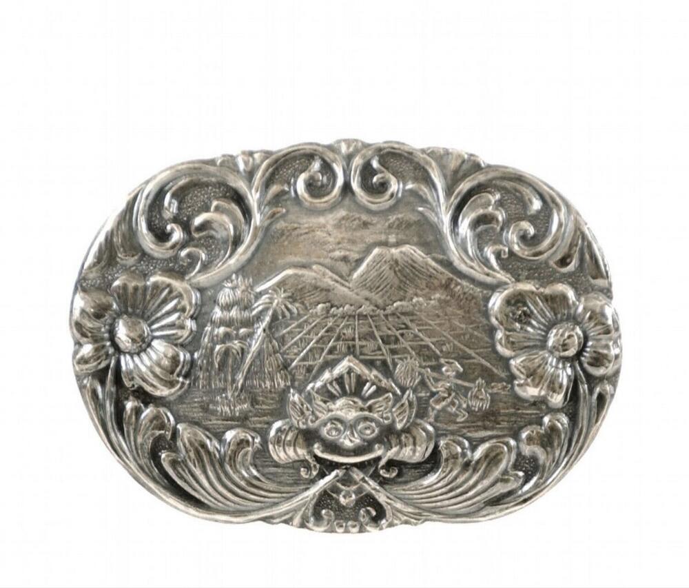 Broche met voorstelling van een akker, berglandschap en monsterkop