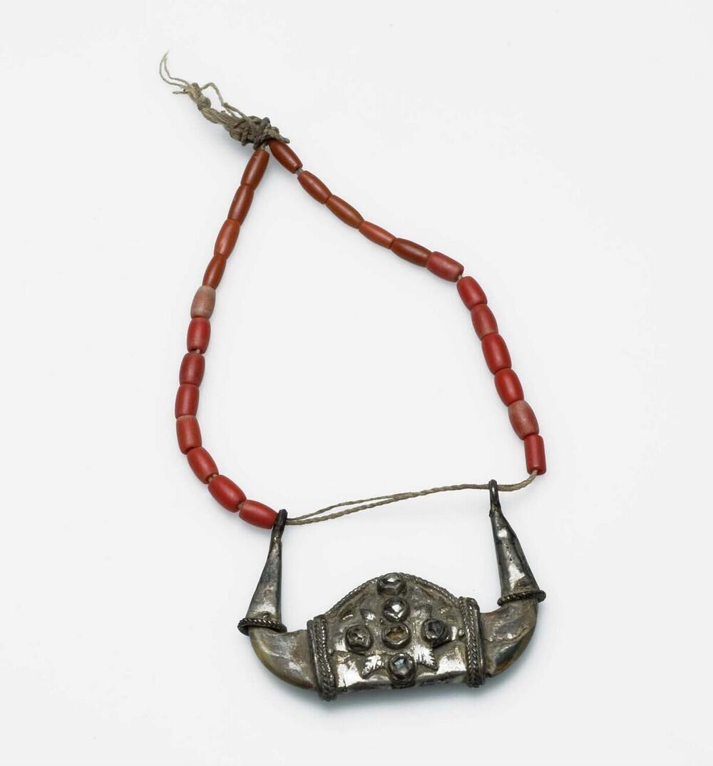 Amulet van tijgernagels in zilver aan kralenketting