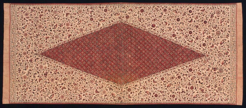 Doek voor de export naar Sumatra met grote middenruit met geometrisch patroon, florale motieven en…