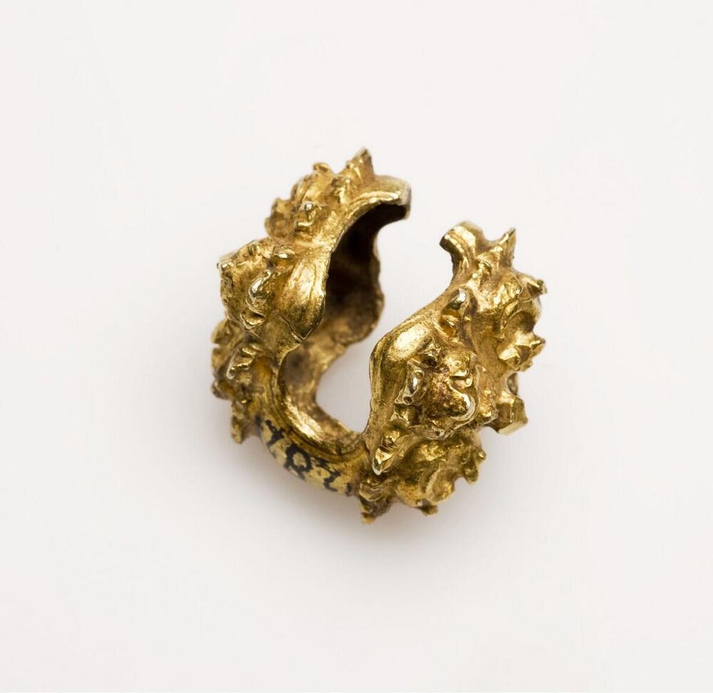 Gouden oorring, aan de voor en achterkant voorzien van een vierbladig rozet