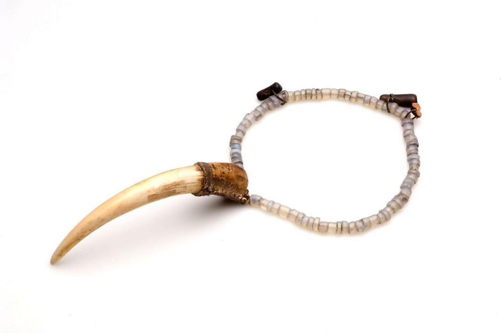 Halsketting van blauw-wit gekleurde kralen met hanger van varkenstand