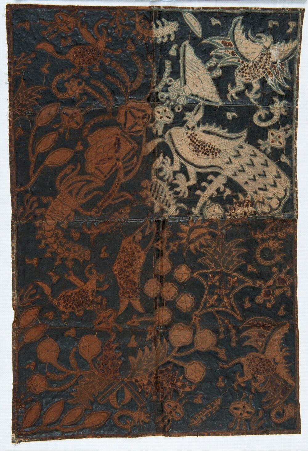 Doek, behoort tot een serie katoenmonsters die de verschillende fases van de batiktechniek laten…