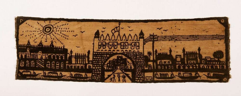 Modderdoek (bogolanfini) met afbeelding van de stadspoort en brug van Djenné