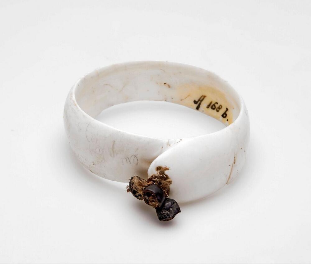 Armband uit schelp geslepen en met zaden versierd