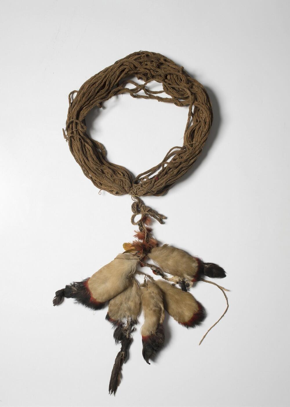 Cotton sash with feathers and bird skin