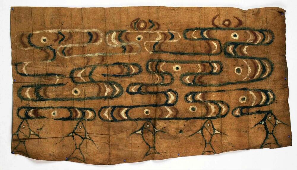 Painted barkcloth depicting a meandering pattern